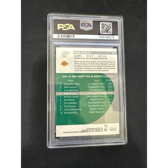 PSA 8 NM MT Kobe Bryant 2002 Topps Ten Card Los Angeles Lakers Basketball #14 - Picture 2 of 2